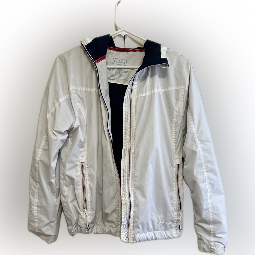 L.L. Bean Fleece Lined Hooded White/Navy/Red Full Zip Windbreaker Jacket - XS